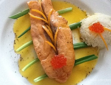 Фото меню ресторана Сказка Востока - второе блюдо СЕМГА ТОМЛЕННАЯ В АПЕЛЬСИНОВОМ СОКЕ